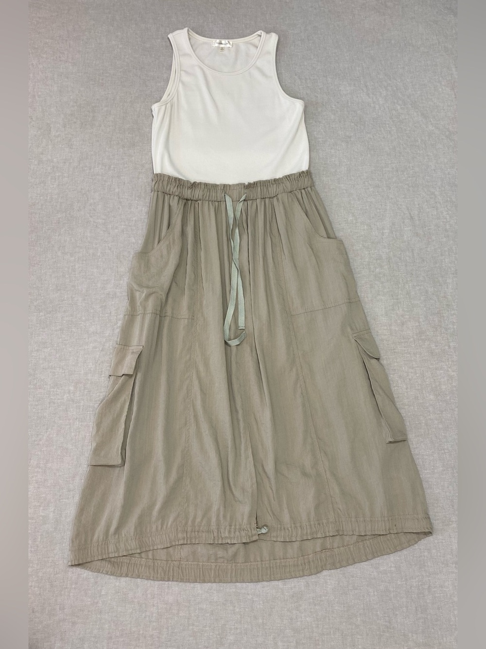 CAMELLIA Twofer Cargo Tank Top Dress Sz M Sage Green Relaxed Edgy